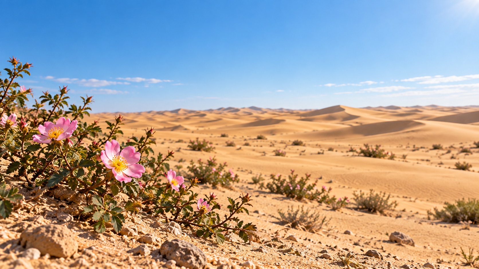 Concept image of small pink, five-petaled roses in a sunlit desert