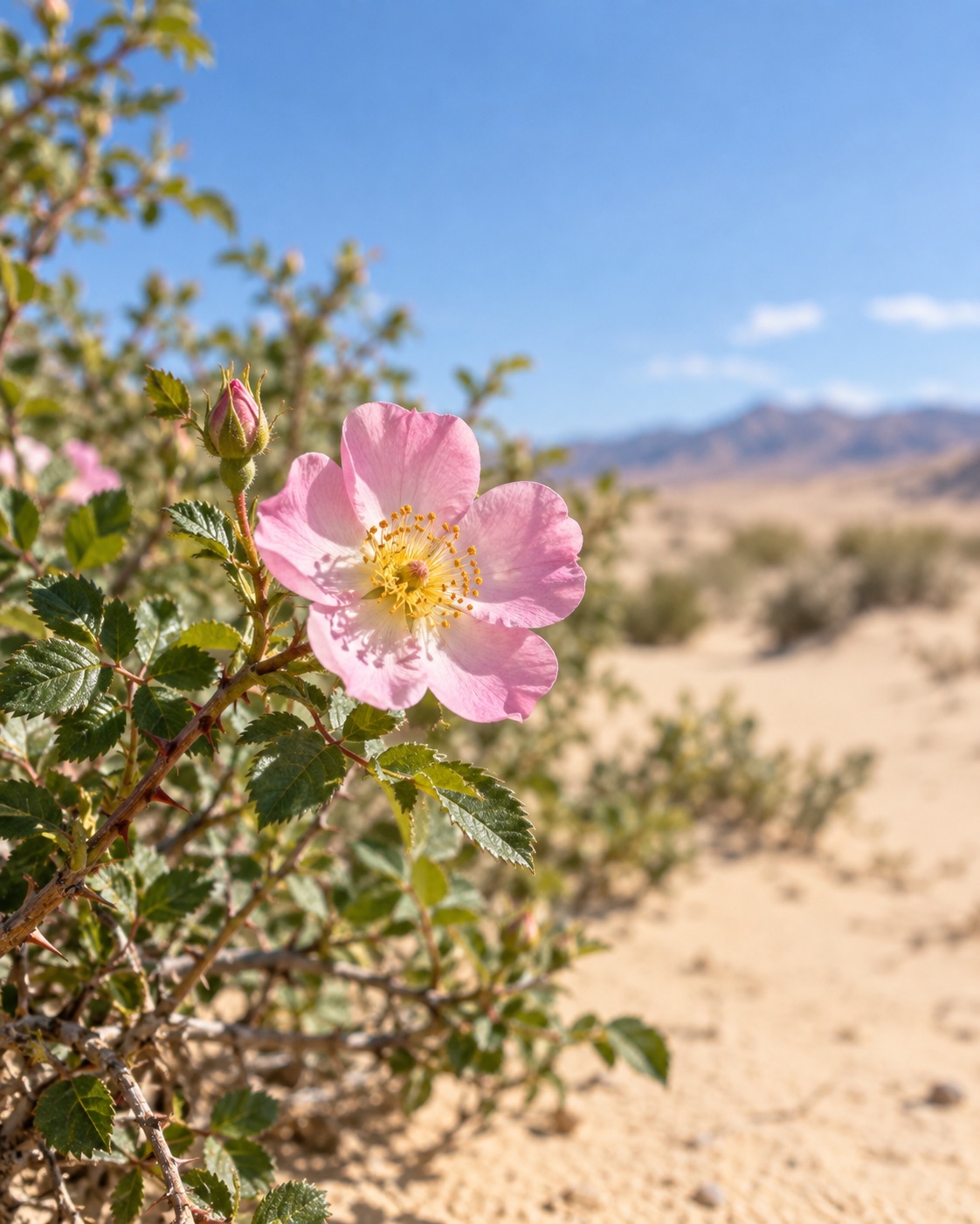 Concept image of a small pink five-petaled rose beside desert sand